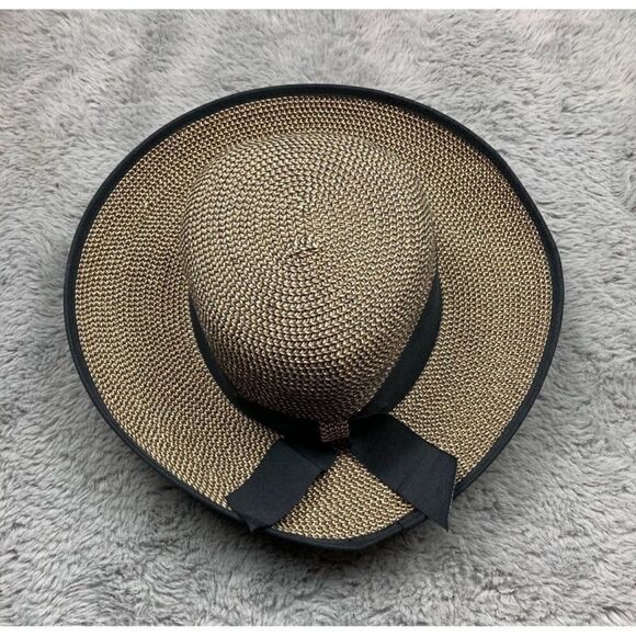 San Diego hat company tan woven paper sun hat with black trim and bow - Picture 2 of 7